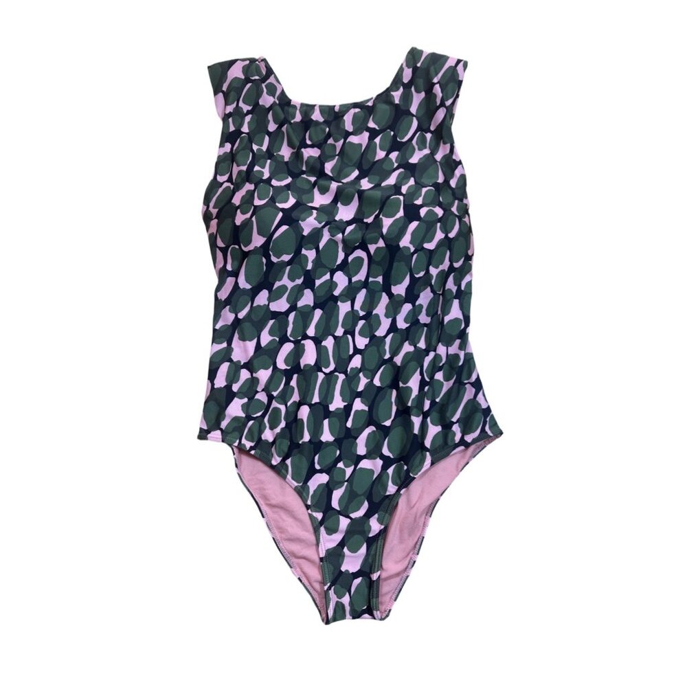Women’s One Piece Swimsuit Green Pink Abstract Print Size M